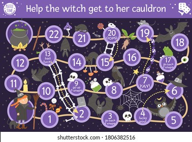 Halloween board game for children with cute witch and scary animals. Educational boardgame with bat, broom, black cat, spider. Help the witch get to her cauldron. Funny printable activity. 
