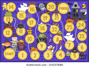 Halloween Board Game For Children With Haunted House And Cute Kawaii Children. Autumn Holiday Party Boardgame With Witch, Vampire, Ghost, Bat. Printable Activity With Spooky Cottage
