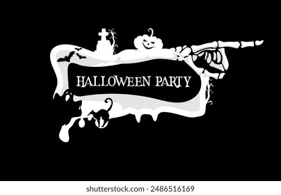 Halloween board sign with skeleton hand, spooky ghost, trick or treat holiday pumpkin and bats, scary tombstone cross, cat and tree vector silhouettes. Halloween horror night party finger pointer