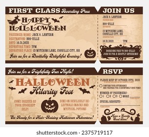 Halloween Boarding Pass Invitation. Spooky Costume Party Ticket with Witch, Ghost, Pumpkin, Haunted cemetery vintage style. October 31st retro first class boarding pass template. Vector illustration