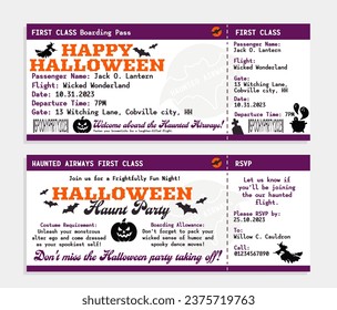 Halloween Boarding Pass Invitation. Spooky Costume Party Ticket with Witch, Ghost, Pumpkin, Haunted cemetery vintage style. October 31st retro first class boarding pass template. Vector illustration