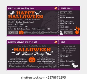 Halloween Boarding Pass Invitation. Spooky Costume Party Ticket with Witch, Ghost, Pumpkin, Haunted cemetery vintage style. October 31st retro first class boarding pass template. Vector illustration