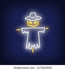 Halloween bogey neon icon. Scary character with pumpkin head. All Hallows eve concept. Vector illustration can be used for street wall signs, party announcements, celebration design