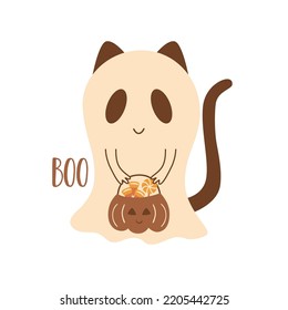 Halloween boho print. Cute Halloween cat, cartoon ghost cat, skull, pumpkin, Halloween sweets. Boho brown spooky card, Boo vector illustration. Halloween boho element isolated. Nursery kids poster