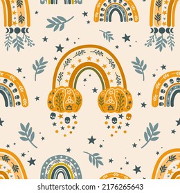 Halloween boho rainbows vector seamless pattern