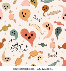 Halloween boho seamless pattern vector illustration. Ghosts and candies in different shapes, colors and sizes with lettering phrases. Muted neutral colors flat doodle style 