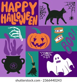 Halloween bold graphic minimalistic composition. Hand drawn flat holiday elements for halloween party in minimalistic style. Good for social media, graphic poster, card, background, printout, pattern