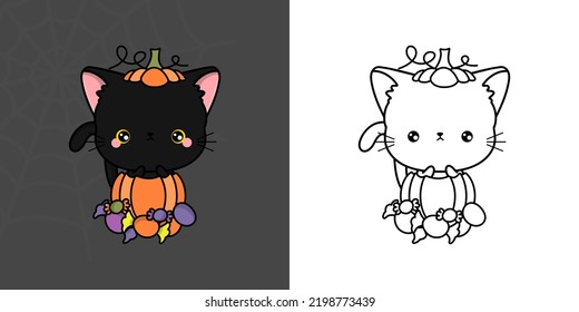 Halloween Bombay Cat Clipart Multicolored and Black and White. Beautiful Clip Art Halloween Kitty. Cute Vector Illustration of a Kawaii Halloween Animal Inside a Pumpkin.
