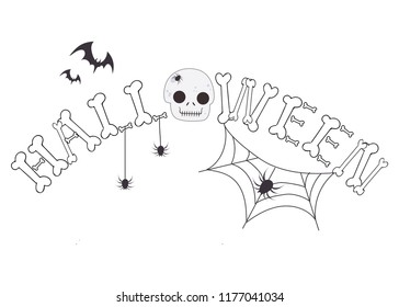 Halloween bone lettering.  Calligraphy with skull, bat, spider and web for design. 