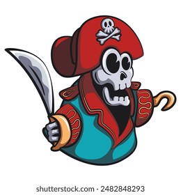 halloween hueso esqueleto pirata con un gancho y la otra mano sosteniendo una daga en ilustración de dibujos animados de Vector en estilo lindo, trabajo de mano dibujado