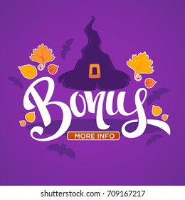 Halloween Bonus, Congratulation Bright And Glossy Banner With Handdrawn Lettering Composition