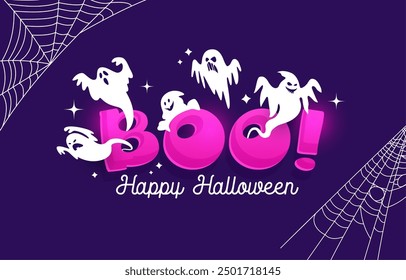 Anuncio boo de Halloween con lindos personajes fantasmas kawaii, vacaciones de terror de Vector. Personajes de monstruos fantasmas blancos voladores con caras de miedo, telaraña y estrellas. Tarjeta de fiesta de noche de truco o trato de Halloween