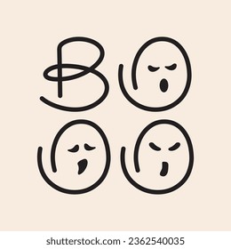 Halloween boo ghosts characters with open mouth inside the text outline iconic vector line art.