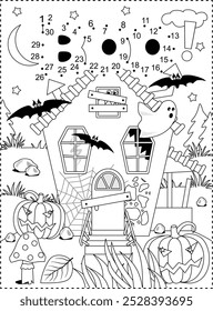 Halloween boo and haunted house dot-to-dot picture puzzle and coloring page
