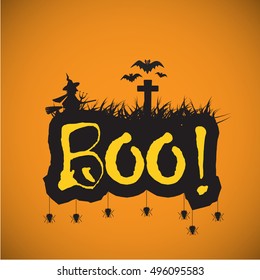Halloween Boo Message design with Landscape witch flying over it. happy halloween background