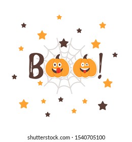 Halloween BOO message with Pumpkins happy Emoji cartoon characters. Friendly Emoji Faces in the night sky with stars. Orange Squash Smiles for messenger. Greeting card, postcard. Vector illustration