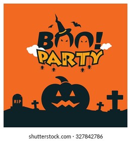 Halloween Boo Party Card Design. Big scary Pumpkin face in graveyard. orange clouds background. vector Card Design illustration