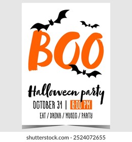 Halloween Boo party invitation poster with scary flying bats. Vector banner or flyer for Trick or Treat event and to celebrate the holiday in a cheerful festive atmosphere with all the traditions.