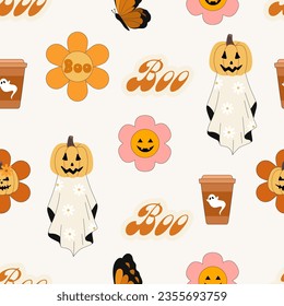 Halloween. Boo. Seamless pattern. Groovy retro flowers, pumpkin, ghost. Vector