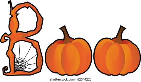 Halloween Boo text - hand drawn Boo type with spider web decoration and pumpkins