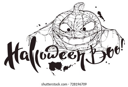 Halloween boo text. Pumpkin spider web silhouette makes boo. Isolated on white vector illustration template for greeting card