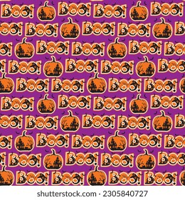 Patrón sin foco de texto de boo de Halloween con calabazas y murciélagos- Ilustración vectorial de Halloween