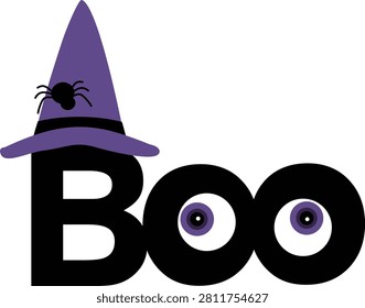 Halloween BOO typography with purple witch hat and spider vector.
Spooky black BOO text with cartoon monster eyes flat illustration.
Halloween lettering design element with creepy eyes isolated on white.