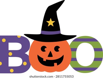 Halloween BOO typography with purple witch hat and spider vector.
Spooky black BOO text with cartoon monster eyes flat illustration.
Halloween lettering design element with creepy eyes isolated.