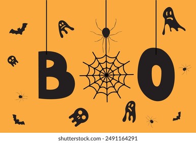 Halloween Boo Word with Ghosts Spiders and Skulls. National seasonal holiday concept vector art