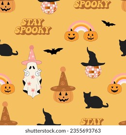 Halloween. Boo. Yellow Seamless pattern. Groovy retro flowers, pumpkin, ghost. Vector