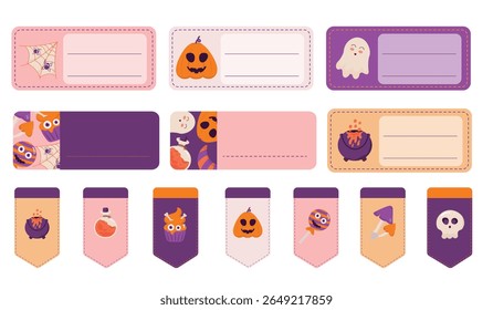 Halloween bookmarks and name tag labels with ghost, pumpkin, candy, and skull icons. Perfect for planners, classroom use, gifts, and party favors