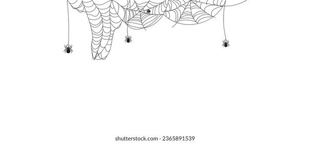 Halloween border with abstract spiderweb texture with spiders. Decor for Halloween celebration. Abstract texture of insect traps. Isolated graphic template. Vector illustration.