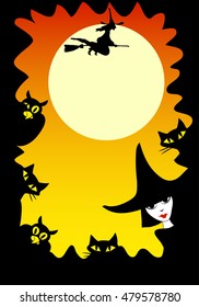 Halloween border with cats, owls and witches silhouettes.