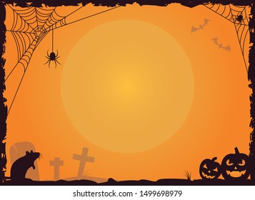 Halloween border with copy space. Vector illustration with spiders in their nets, rat, graveyard and Jack O’Lantern pumpkins.