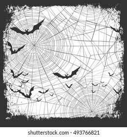 Halloween border for design. Bats silhouettes and scary pumpkins. Spider web background