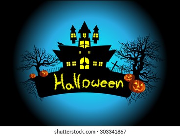 Halloween border for design, night background with creepy castle and pumpkins, 
