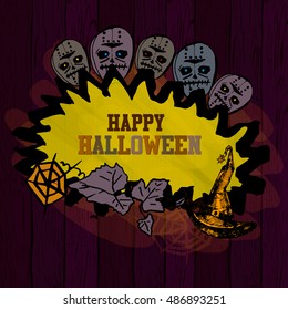 Halloween border for design. Vector illustration. Abstract background, drawing hat, cobweb, maple leaf, monster mask with glowing eyes.