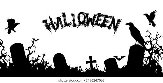 halloween border elements featured black crows and grave stone.