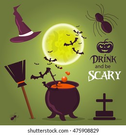 Halloween border ghost moon card dark silhouette for design. Horror celebration background halloween icons party cartoon set. Spooky moon autumn halloween october vector symbols design.