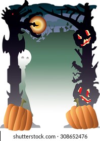 Halloween border with ghost and suburban housing in the background.