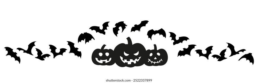 Frontera de Halloween con calabazas y murciélagos voladores. Fondo divertido. Encabezado de cartas, Sitios web, listas de correo. Murciélagos y calabazas aterradoras para vacaciones de noche de terror.