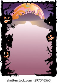 Halloween border of shadows, wolf heads, and carved pumpkins surrounding a space for text. A graveyard on a hill and a large moon are in the background.