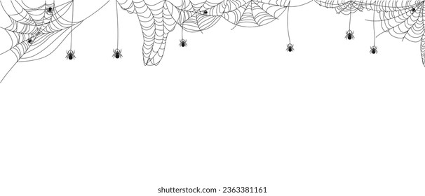 Halloween border with spiderweb and spiders.  Abstract texture of insect traps. Halloween design element. Isolated graphic template. Vector illustration.