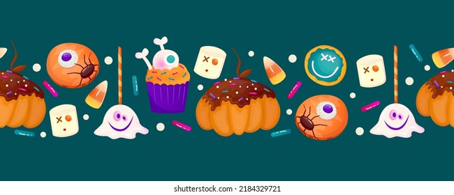 Halloween border with sweet dessert eyeball, cake and lollipop. Autumn vector background. Vector cartoon design. Halloween sweet, round cookie, spooky cake.