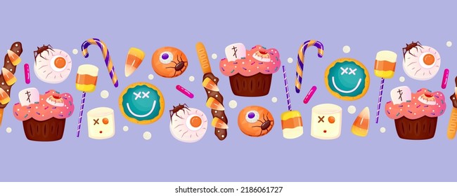 Halloween border with sweet dessert eyeball, cake and lollipop. Autumn vector background. Vector cartoon design. Halloween sweet, round cookie, spooky cake.