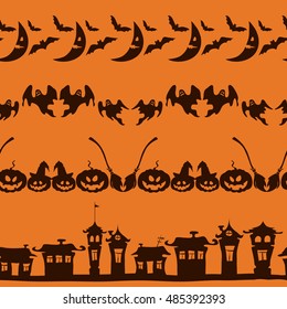 Halloween borders set on orange background. Vector illustration. 