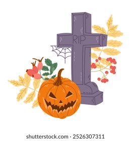 Halloween botânica e assustadora clipart com mão desenhado elementos relacionados. Jack o lanterna, tumba, teia de aranha, folhas de outono e bagas. Design bonito para Halloween isolado no fundo branco