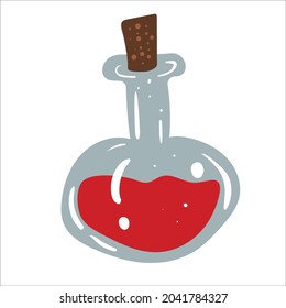 Halloween bottle with blood flat vector illustration. Isolated object on white background. Good for posters, party invitations, stickers, cards, gift.