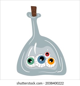 Halloween bottle with colorful eye flat vector illustration. Isolated object on white background. Good for posters, party invitations, stickers, cards, gift.