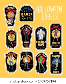 Halloween Bottle Labels & Potion Labels with Monsters. Vector Illustration. 